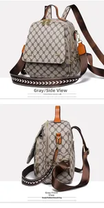 Detail view of mini backpack in grey fabric with brown leather trim and golden metal hardware
