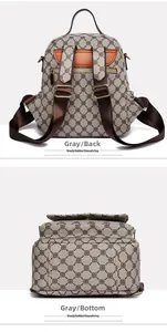 Detailed back view of vintage grey monogram backpack with leather straps and zip pocket