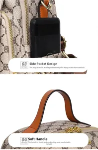 Detail of vintage patterned backpack side pocket for power bank and wide leather handle