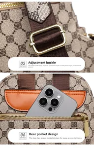 Detail of adjustable golden buckle and anti-theft back pocket on monogram backpack