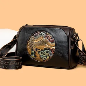 Vintage Ethnic Elephant Embossed PU Leather Crossbody Bag For Women Wide Shoulder Strap Fashion Floral Pattern Small Bag