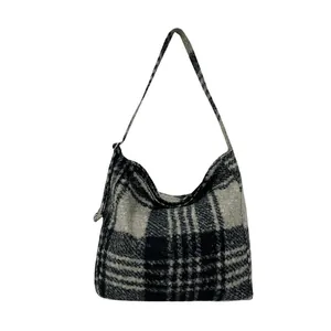 Large capacity black and white plaid wool tote bag for women with minimalist shoulder strap