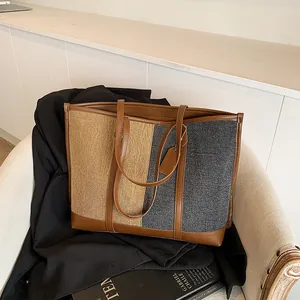 Damen Tragetasche Mit Großer Kapazität Und Farbblock-Spleißen PU-Leder Stoff Umhängetasche Mode Pendler Handtasche Arbeitstasche