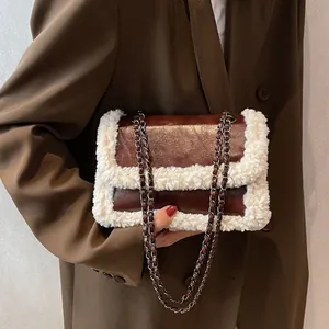 Vintage Women PU Leather Small Square Bag Faux Lamb Hair Trim Metal Chain Shoulder Underarm Bag Winter Fashion Purse