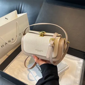 Petit Sac Carré Couleur Contrastée Cuir PU Tissé Sac à Main Bandoulière Avec Sangle Réglable Serrure Métallique Femmes