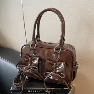 Vintage Bow Handbag For Women PU Leather Multipurpose Backpack Shoulder Bag Pleated Shiny Satchel Purse Daily Fashion Bag