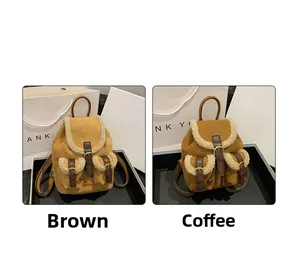 Detail view of mini plush backpacks in brown and coffee colors with faux fur trim