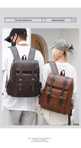 Detailed view of vintage PU leather backpack with buckle straps worn by a couple