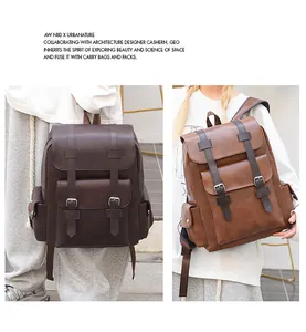 Detail of retro leather backpacks in dark and light brown with stylish metal buckles
