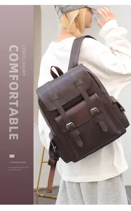 Detail of dark brown faux leather backpack with vintage straps and metal buckles worn by model
