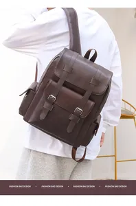 Close-up of vintage brown PU leather backpack featuring classic flap and silver buckles
