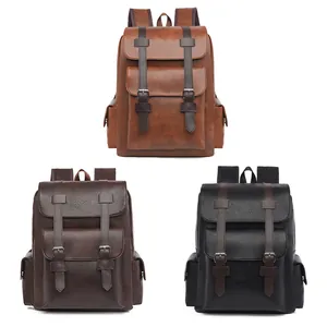 Minimalist 15-inch leather business laptop backpacks in brown, dark coffee, and black