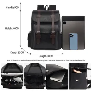 Minimalist black PU leather 15-inch laptop backpack for business and daily commute