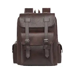 Classic dark brown 15-inch laptop backpack with vintage leather texture and buckle straps