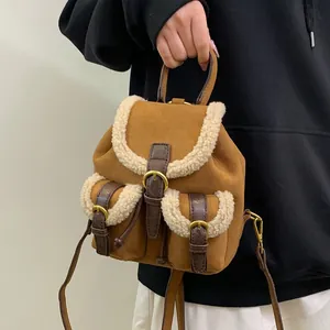 Vintage Women Plush Backpack With Faux Sherpa Trim Velveteen Material Retro Fashion Small Rucksack For Winter Daily Use