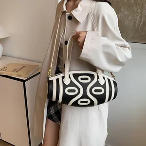 Women Fashion Cylinder Barrel Bag Contrast Color Geometric Pattern PU Leather Handbag Shoulder Crossbody Bag For Daily Use