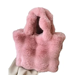 Bolso tote de felpa rosa en piel sintética suave con asas esponjosas para invierno