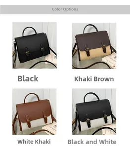 Detail view of retro satchel bags in four colors with flap closure and top handles