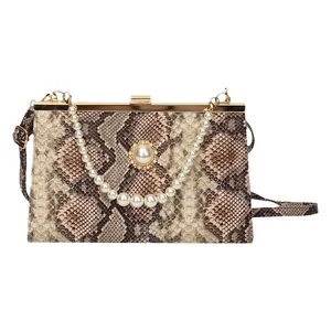 Sac à main vintage pour femme motif serpent avec anse perles et fermoir doré