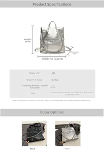 Detailed size specifications for the silver and black PU leather studded backpack