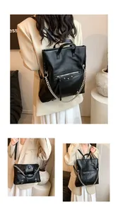 Detail of black multi-functional backpack with silver metal chain and versatile straps