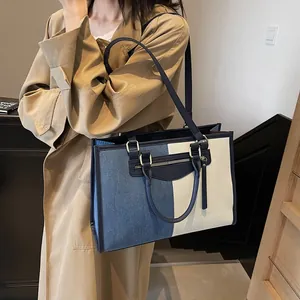 Bolso Tote de Patchwork de Denim para Mujer Gran Capacidad Bolso de Hombro de Lona Handbag Urbano Minimalista con Bolsillo Decorativo de Cremallera