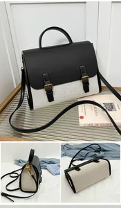 Detailed multi-angle view of retro bicolor satchel with weave texture and gold hardware