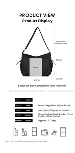 Detailed dimension layout of the black nylon crossbody bag showing multiple pockets and size info