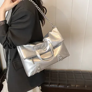 Silver metallic PU leather backpack with chain strap and handle for fashion leisure