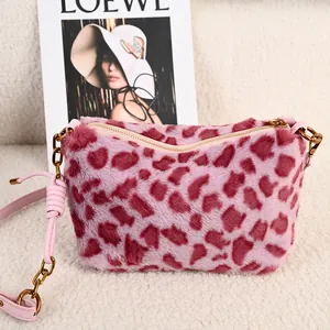 Leopardenmuster Kunstpelz Umhängetasche Für Damen Plüsch Schultertasche Unterachsel Handtasche Mit Metallkettenriemen Vintage