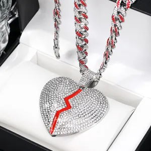 Hip hop silver Cuban link chain with a red iced-out broken heart pendant in gift box