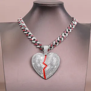 Hip Hop Iced Out Broken Heart Pendant Necklace For Men Women Alloy Rhinestone Cuban Link Chain Fashion Jewelry Necklaces