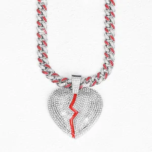 Hip hop cuban link chain with large red broken heart pendant and white rhinestones