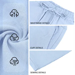 Men's light blue breathable linen leisure shorts with drawstring elastic waist and pockets