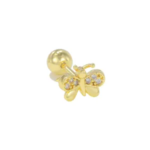 Golden butterfly stud earrings with sparkling zircon crystals and secure screw back