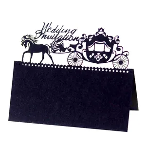Elegant black laser cut wedding place card featuring a royal carriage and invitation text