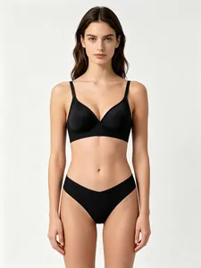 Seamless black lingerie set with wire-free bra and matching smooth panty for comfort