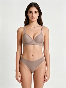 Close-up of seamless mocha brown wireless bra and panty set with soft support fabric