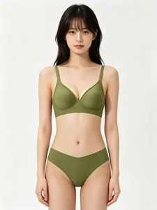 Seamless olive green bra and V-cut panty set with soft jelly strip support for women