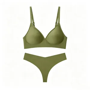 Detail view of seamless olive green lingerie set with soft wire-free bra and thong