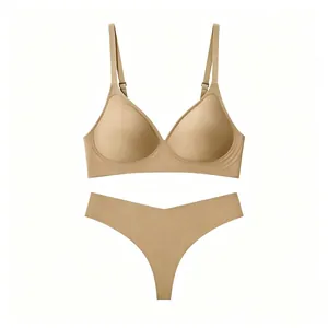 Detail of seamless nude wireless bra and matching thong set with thin straps