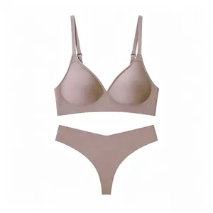 Seamless wireless bra and thong set in earth tones with supportive jelly strips