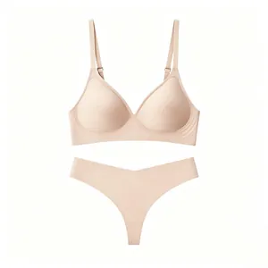 Detail view of seamless nude lingerie set with adjustable straps and wireless bra design