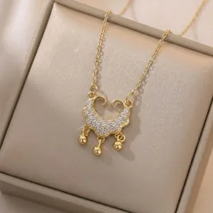 Vintage Chinese Style Long Life Lock Pendant Necklace Titanium Steel Copper Zircon Ruyi Beads For Women Daily Elegant