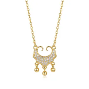 Elegant gold-plated Ruyi lock necklace with zircon stones and three beads decoration