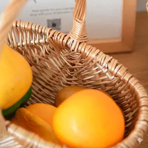 Handcrafted woven wicker picnic basket with fruits on wooden table for home decoration