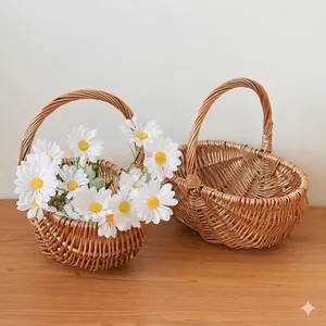 Close-up of handmade wicker baskets set with natural willow weaving and sturdy handles