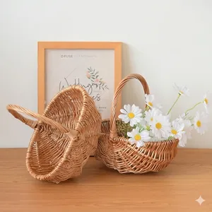 Close-up of handmade woven wicker basket with natural texture for home decor
