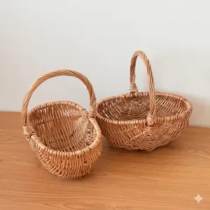 Detail of two handmade wicker picnic baskets featuring natural woven textures and sturdy handles