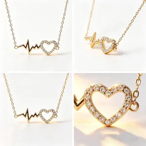 Macro detail of gold S925 sterling silver EKG heart necklace with sparkling zircon stones